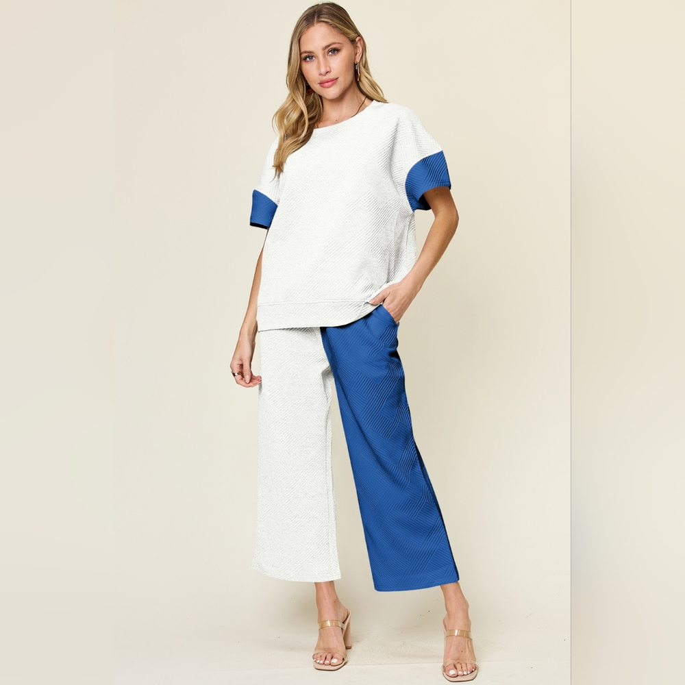 Double Take Full Size Texture Contrast Top and Wide Leg Pants Set